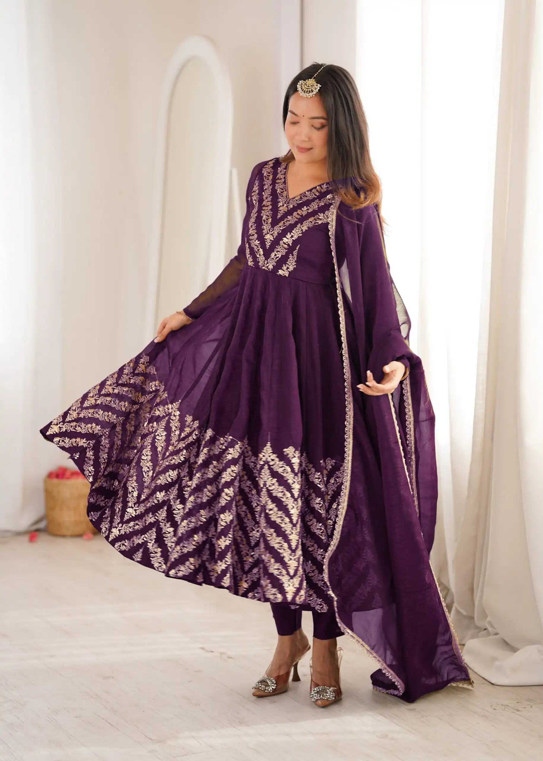 Fancy Purple Crunchy Silk Embroider Work Anarkali Suit - Image 7