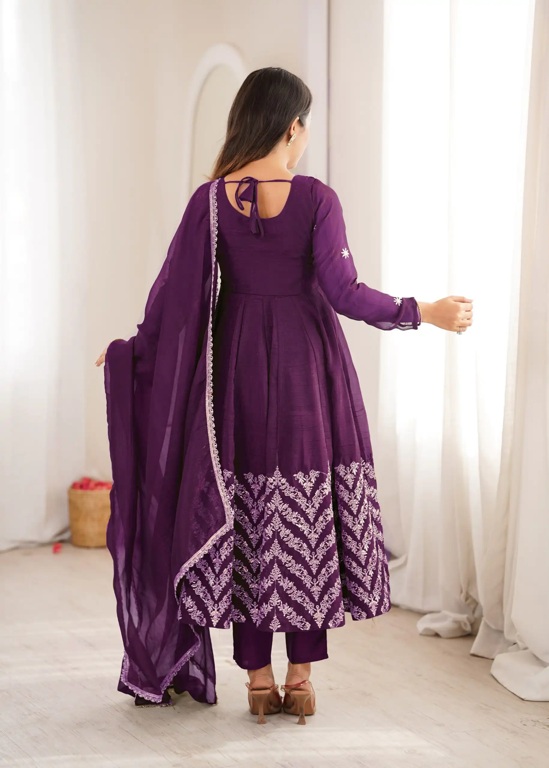 Fancy Purple Crunchy Silk Embroider Work Anarkali Suit - Image 6