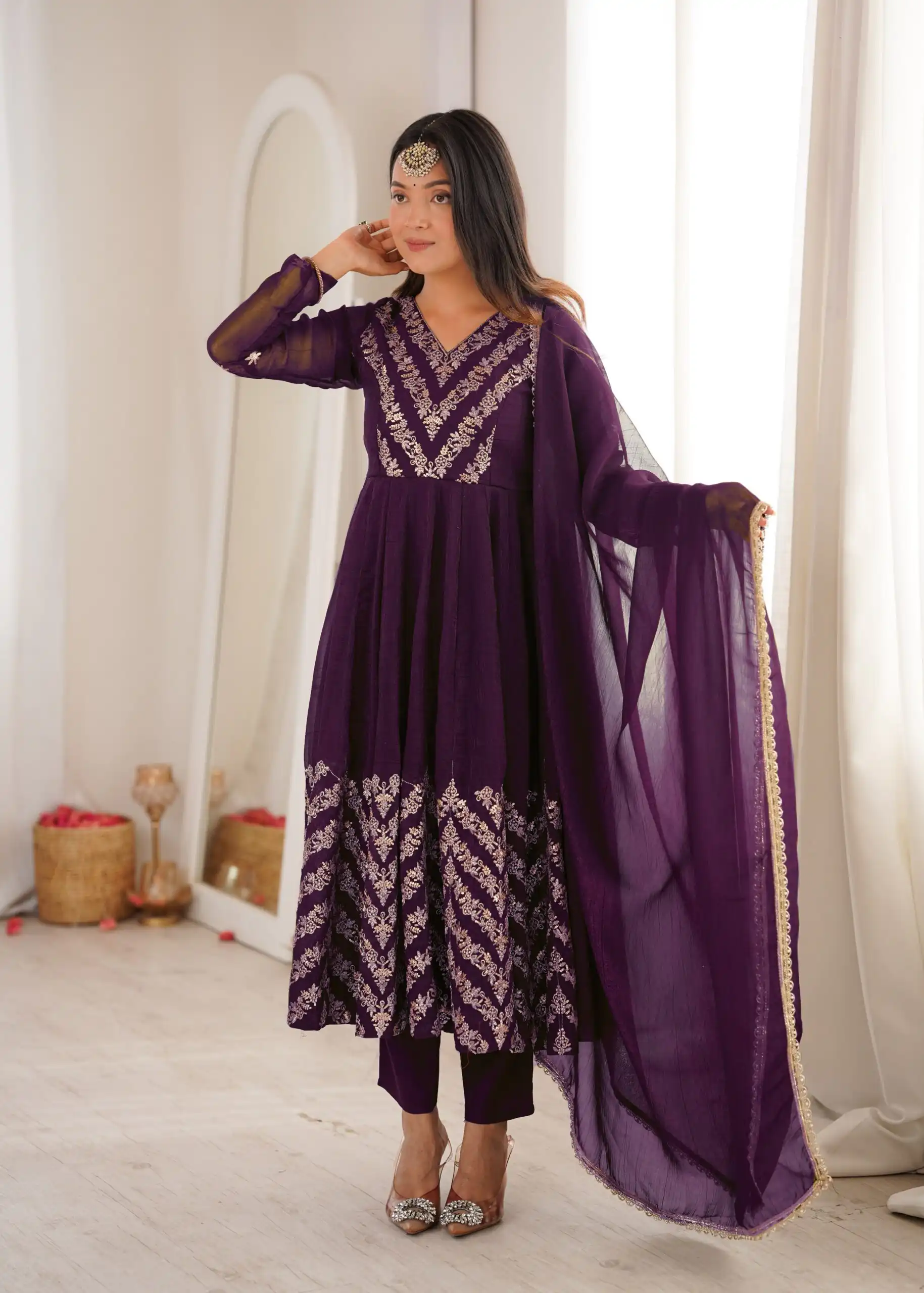 Fancy Purple Crunchy Silk Embroider Work Anarkali Suit - Image 5