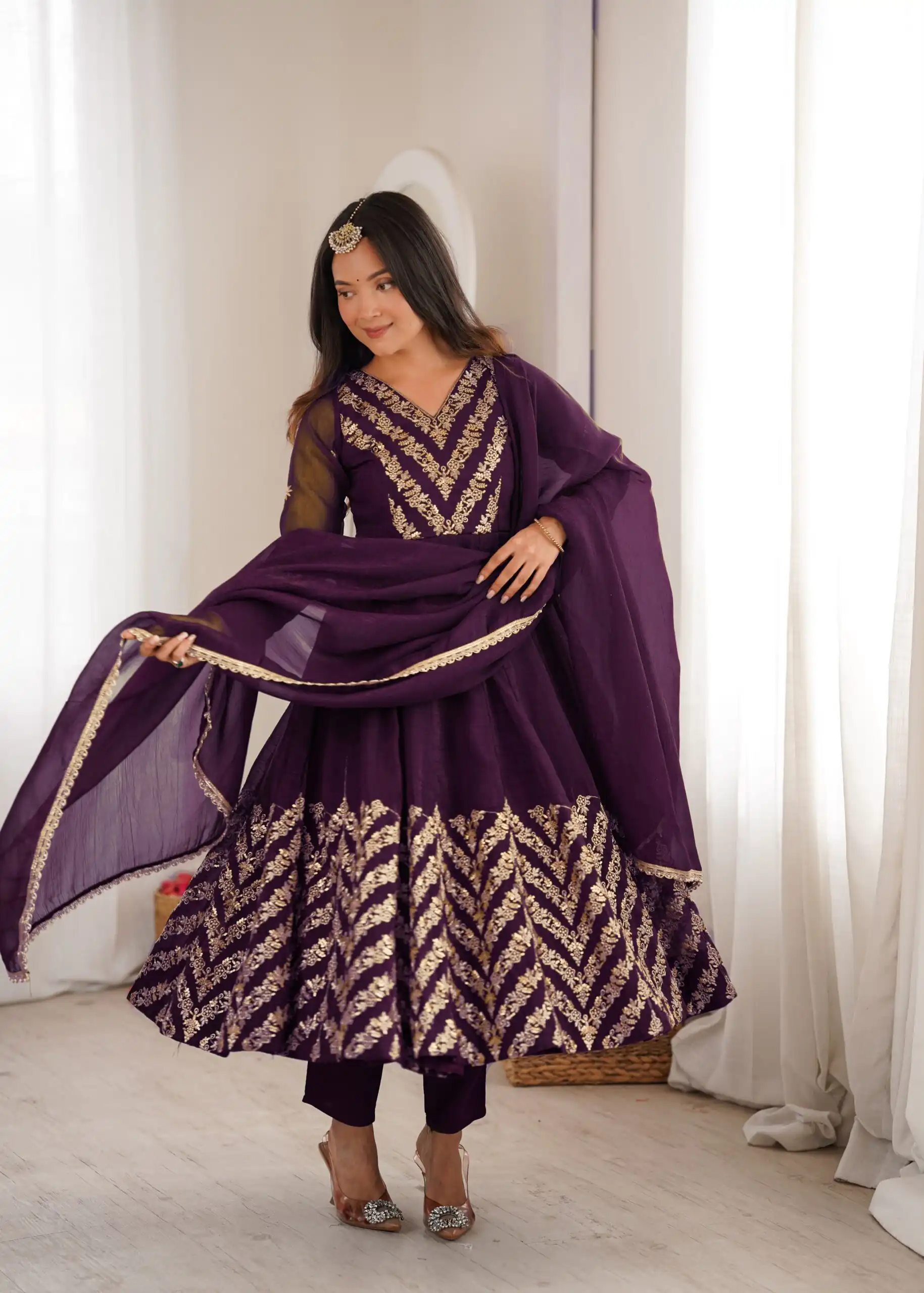 Fancy Purple Crunchy Silk Embroider Work Anarkali Suit - Image 4