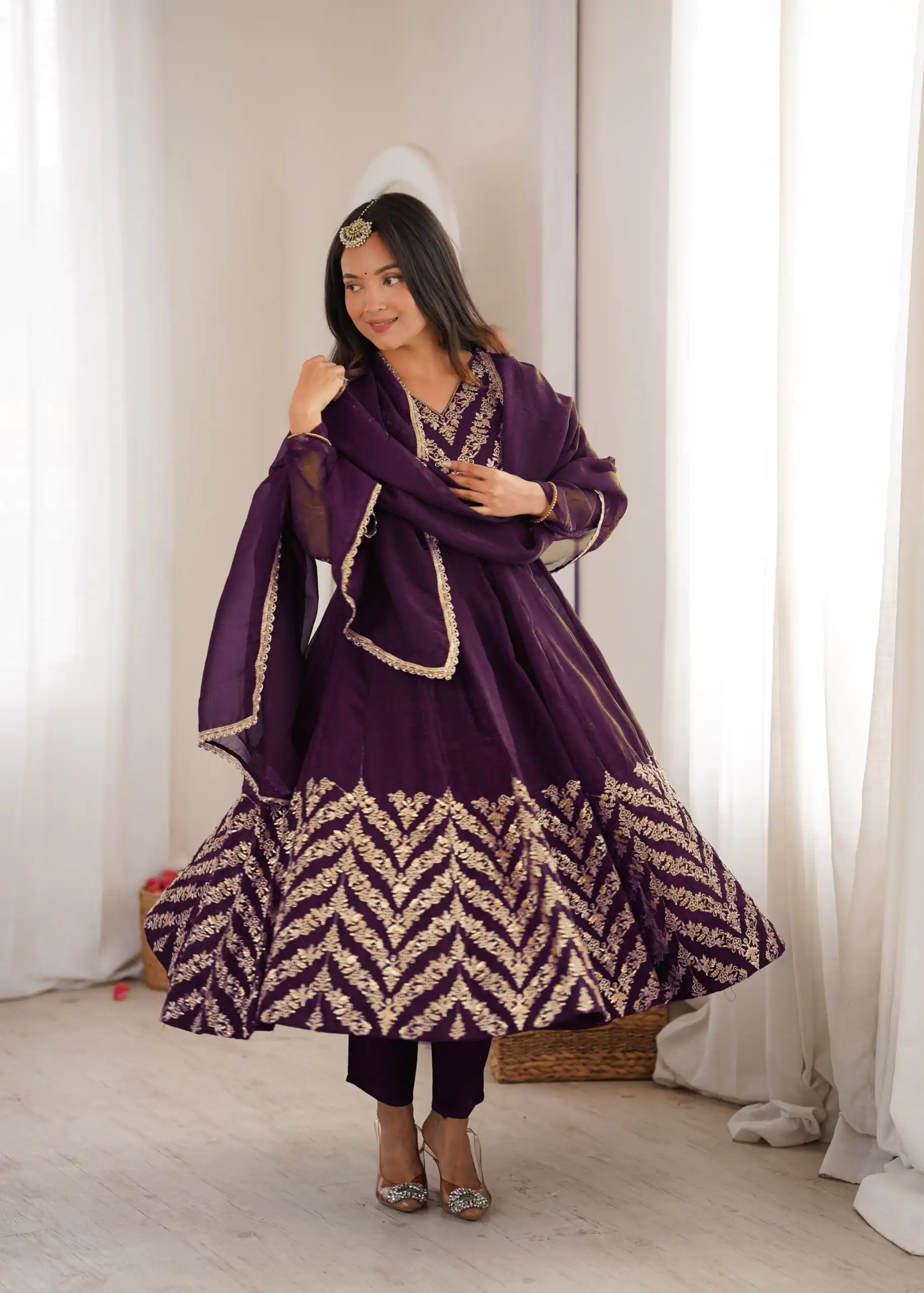 Fancy Purple Crunchy Silk Embroider Work Anarkali Suit - Image 3