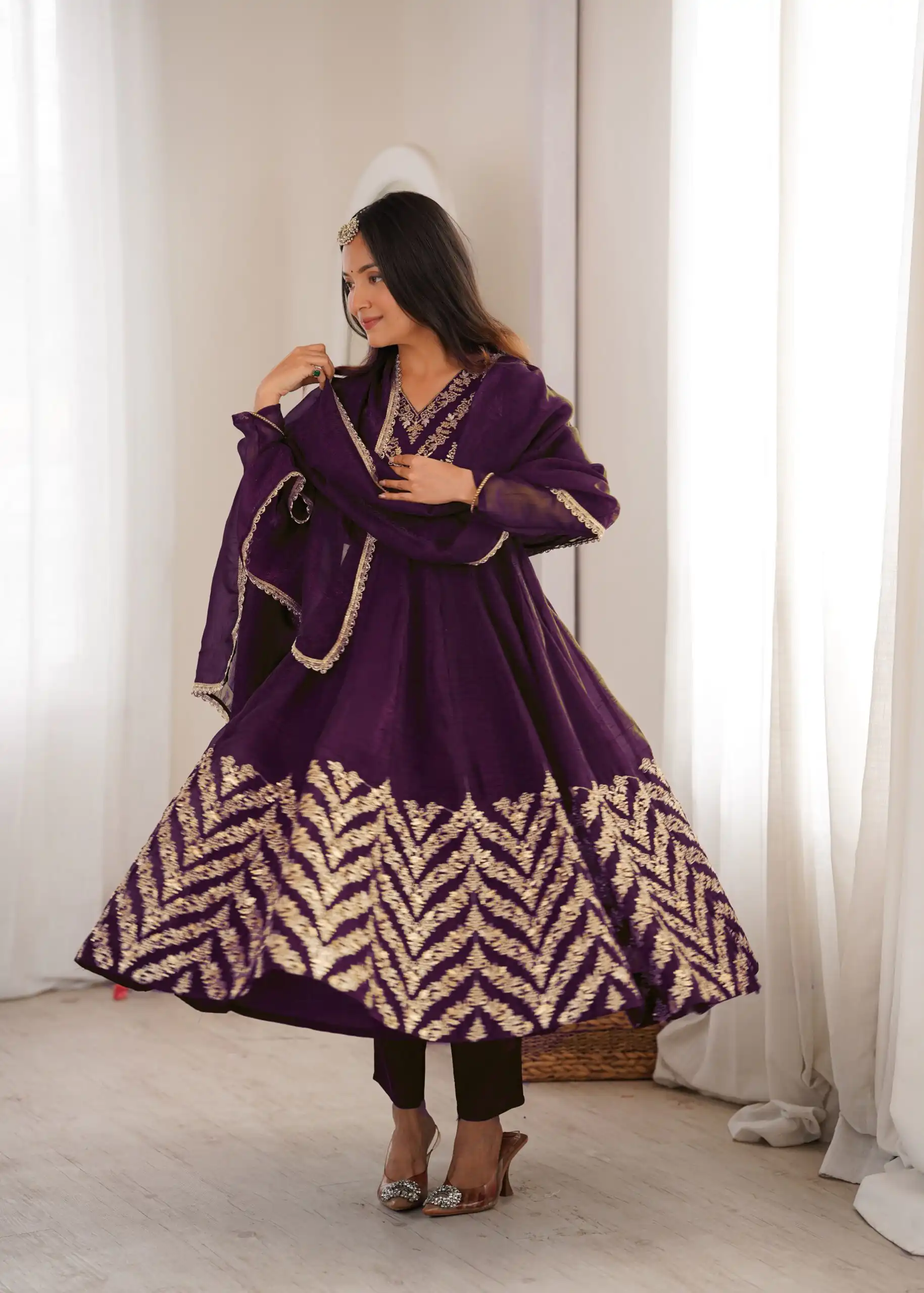 Fancy Purple Crunchy Silk Embroider Work Anarkali Suit - Image 2