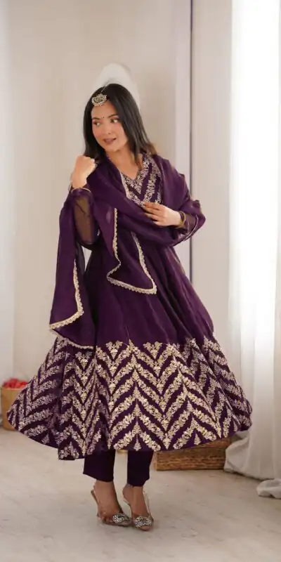 Fancy Purple Crunchy Silk Embroider Work Anarkali Suit