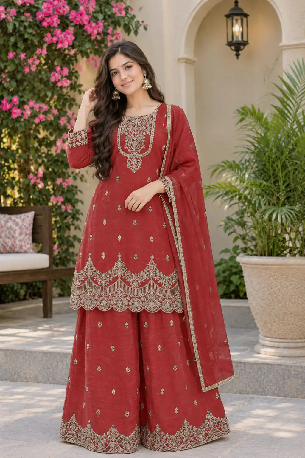 Fancy Red Crunchy Silk Embroidery Work Salwar Suit - Image 3
