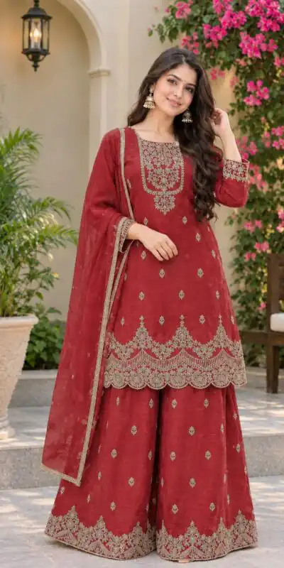 Alternative view of Fancy Red Crunchy Silk Embroidery Work Salwar Suit