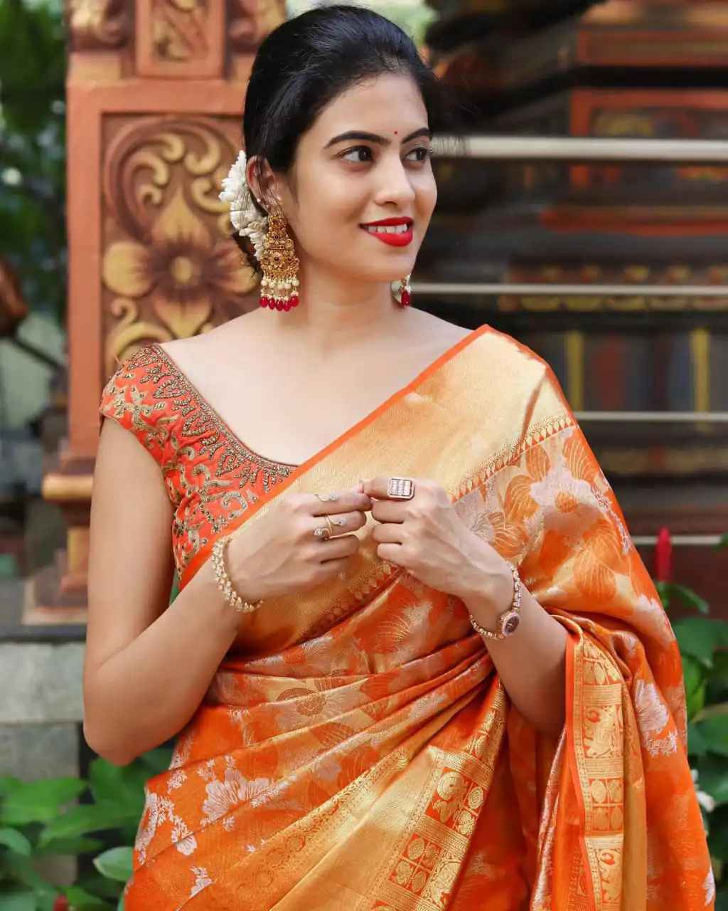 Fancy Rust Soft Lichi Silk With Jacquard Saree