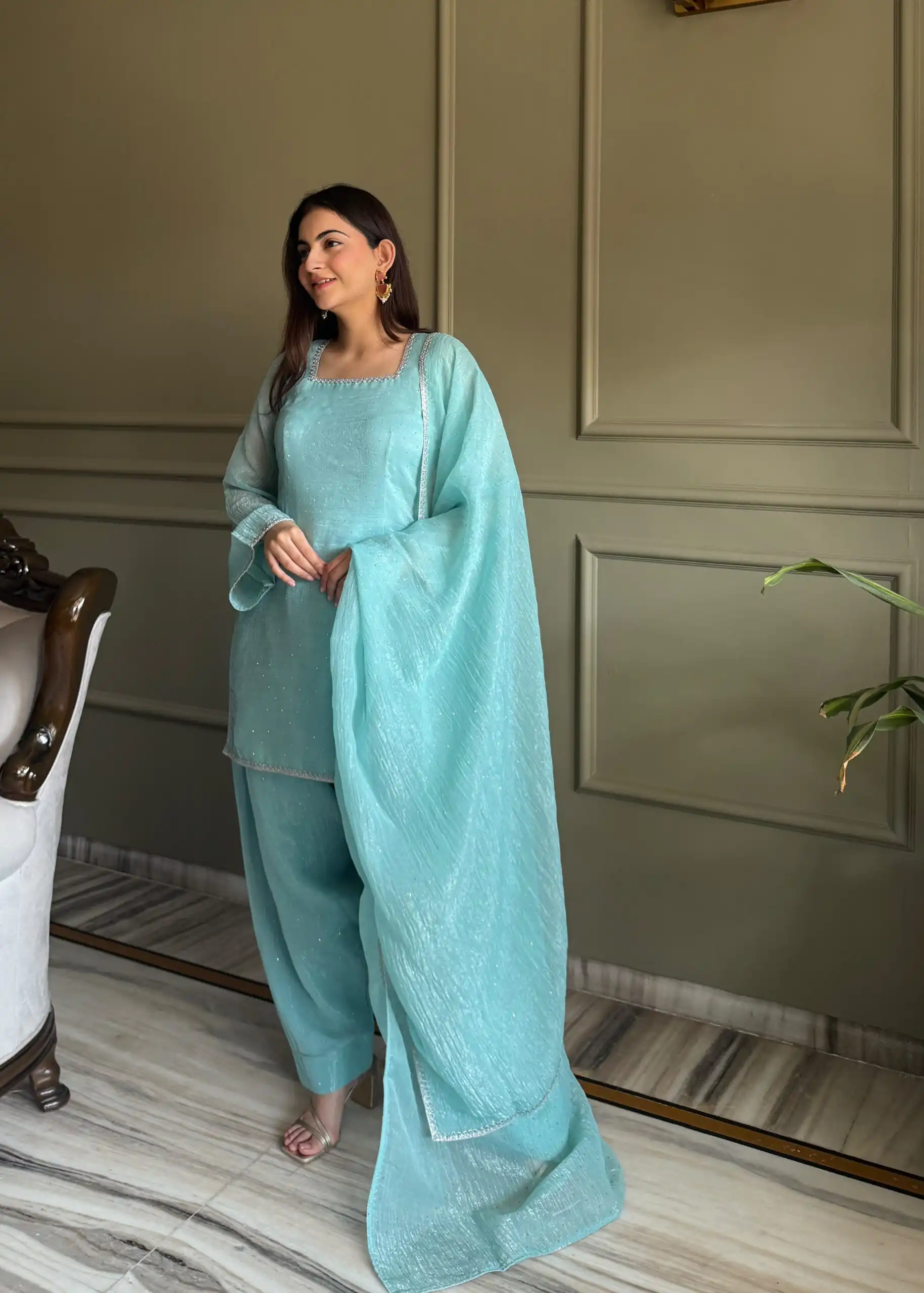 Fancy Sky Blue Crunchy Silk Siroski Work Salwar Suit - Image 4