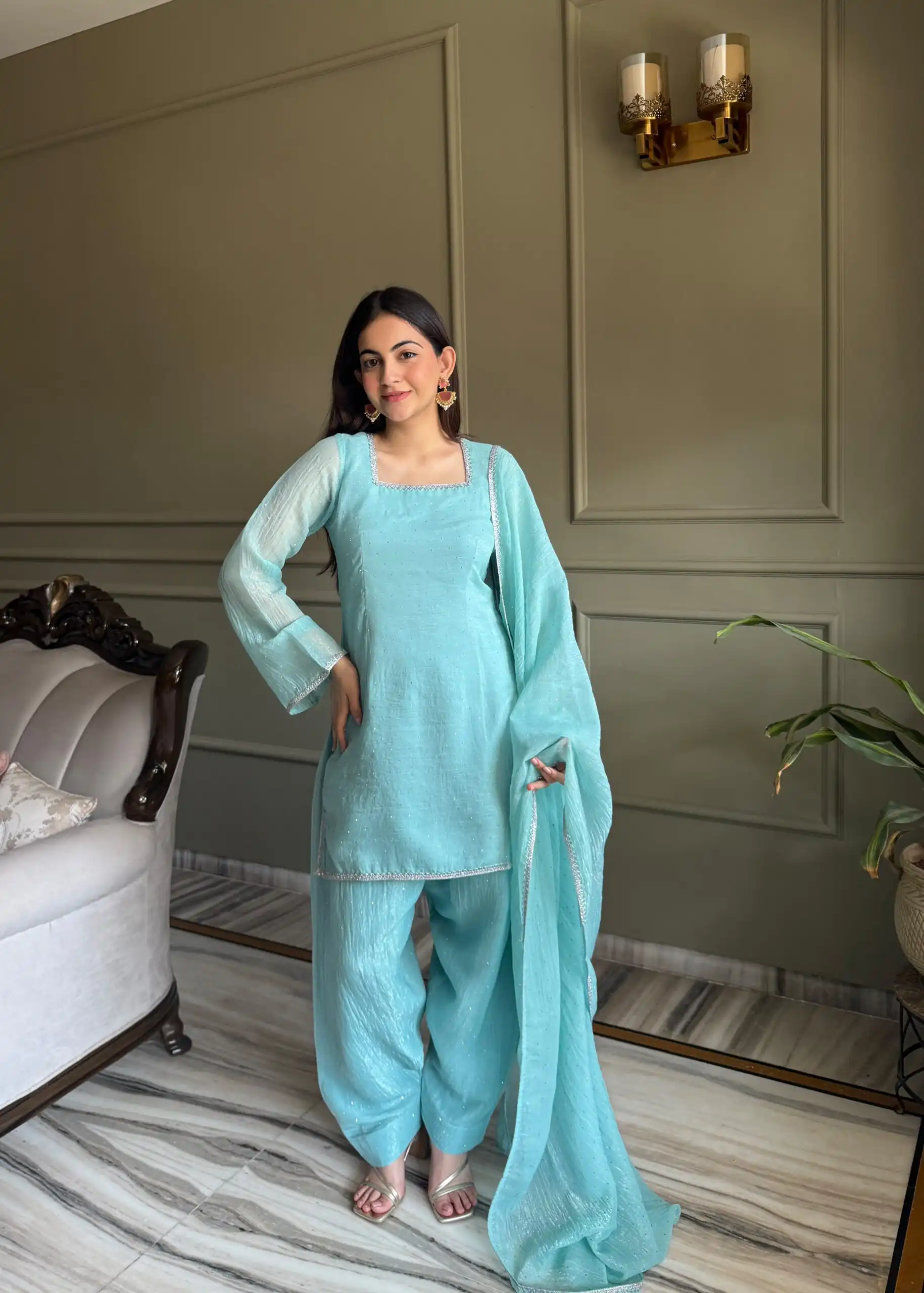 Fancy Sky Blue Crunchy Silk Siroski Work Salwar Suit - Image 2