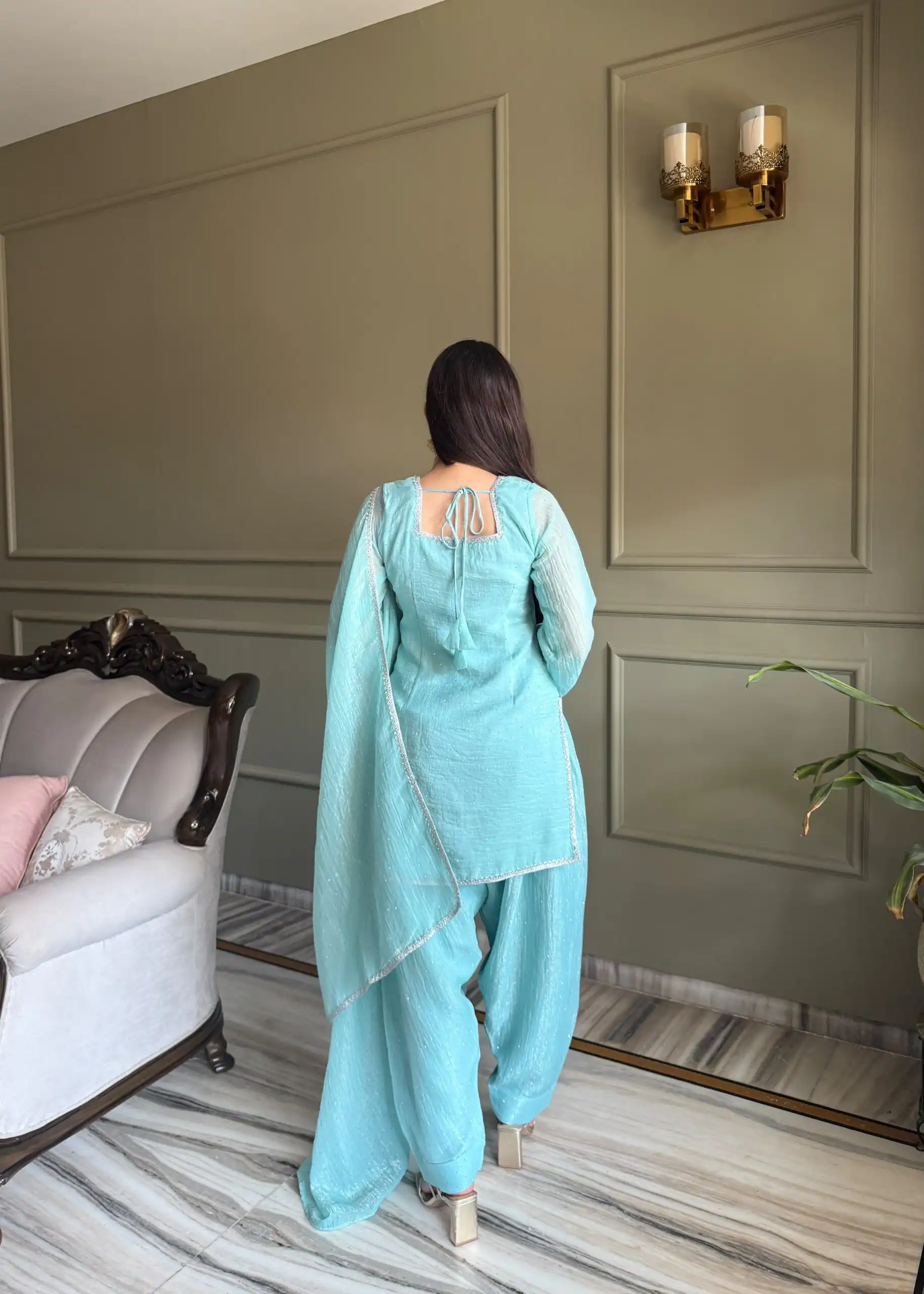Fancy Sky Blue Crunchy Silk Siroski Work Salwar Suit - Image 7