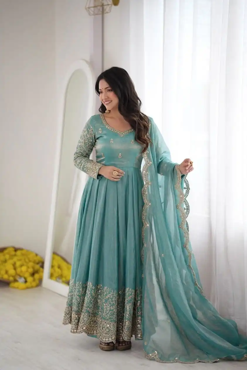 Fancy Sky Blue Fendy Silk Embroider Sequins Work Gown - Image 8