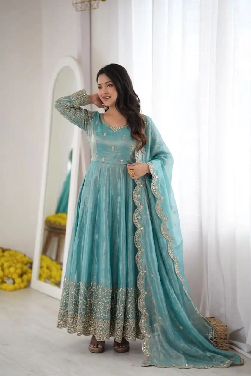 Fancy Sky Blue Fendy Silk Embroider Sequins Work Gown - Image 7