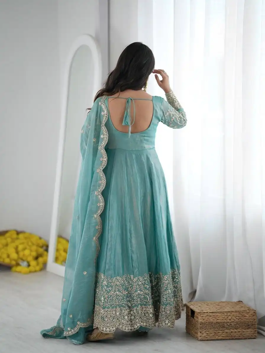 Fancy Sky Blue Fendy Silk Embroider Sequins Work Gown - Image 5