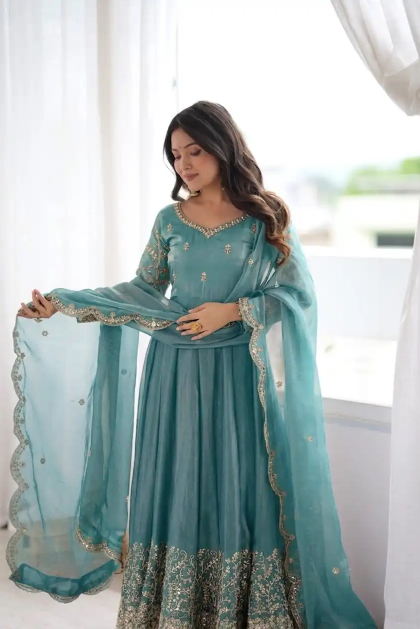 Fancy Sky Blue Fendy Silk Embroider Sequins Work Gown - Image 4