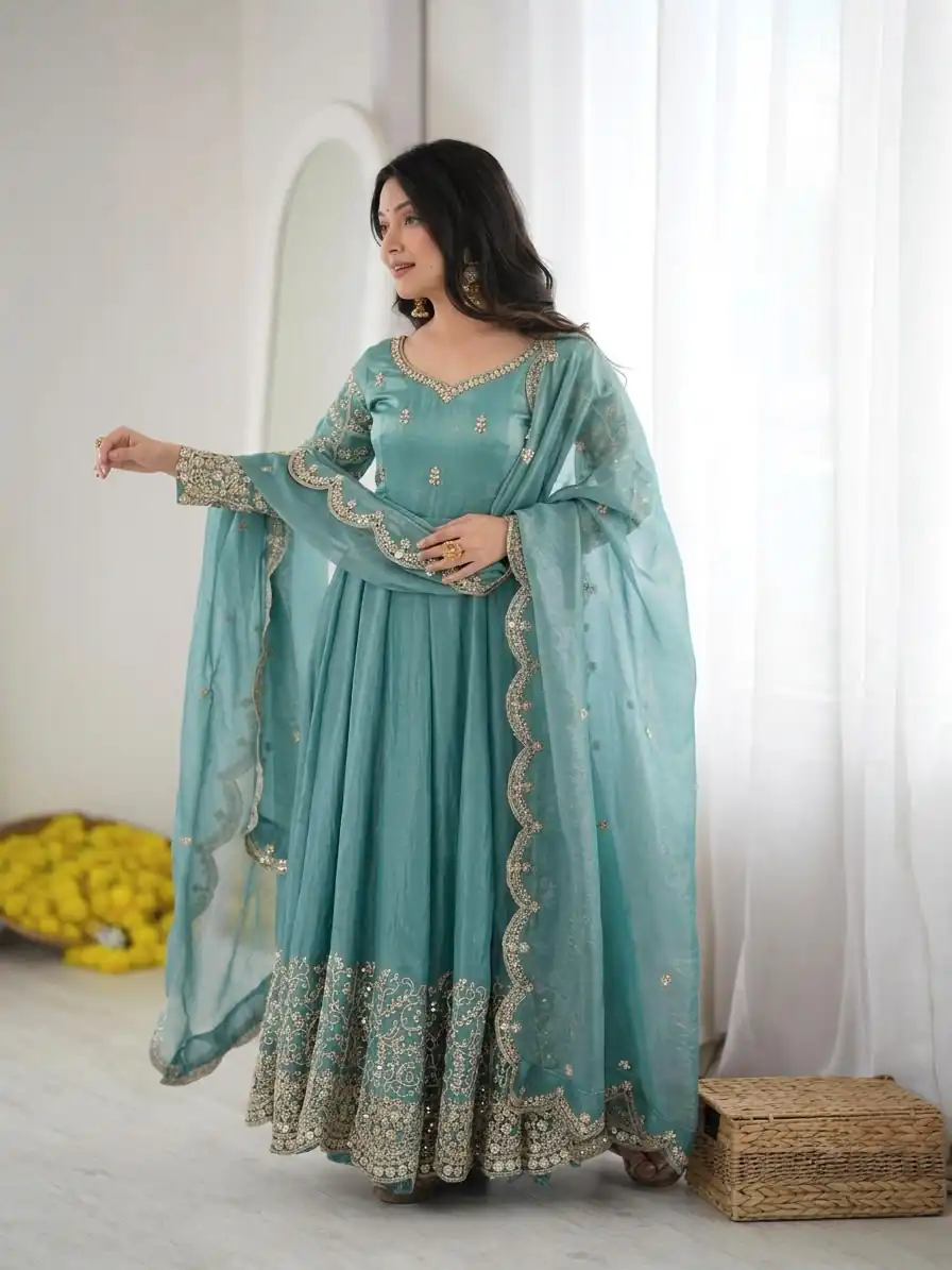 Fancy Sky Blue Fendy Silk Embroider Sequins Work Gown - Image 3