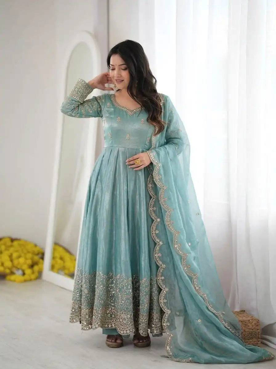 Fancy Sky Blue Fendy Silk Embroider Sequins Work Gown - Image 2