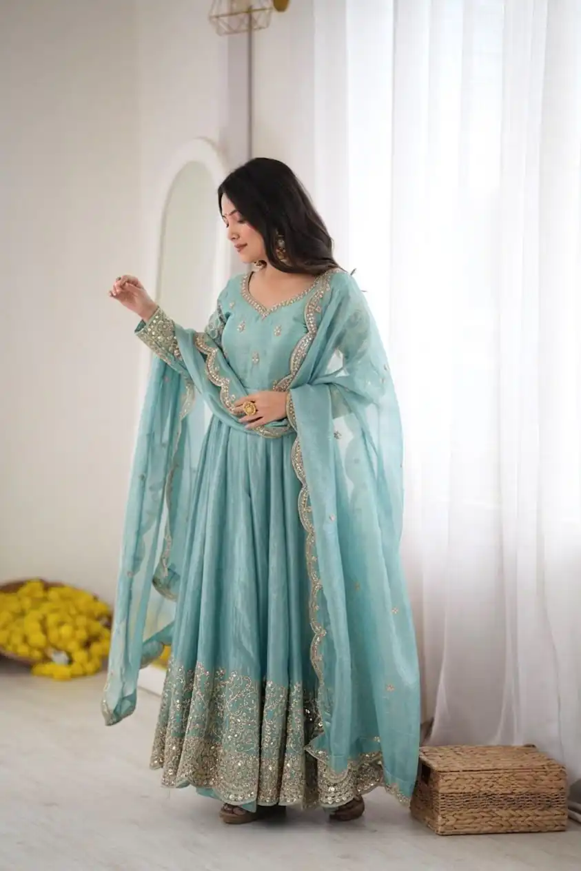 Fancy Sky Blue Fendy Silk Embroider Sequins Work Gown