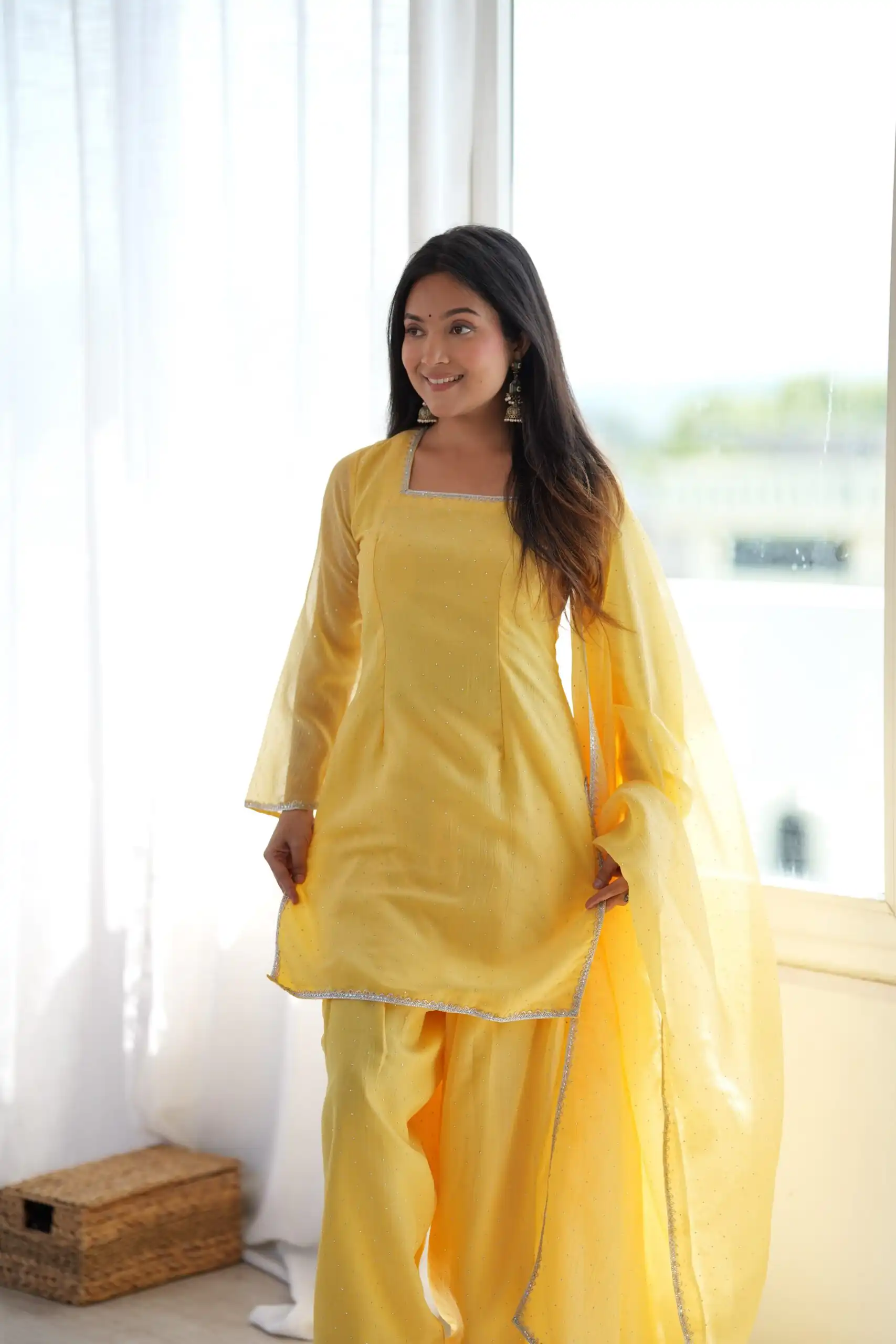 Fancy Yellow Crunchy Silk Siroski Work Salwar Suit - Image 7