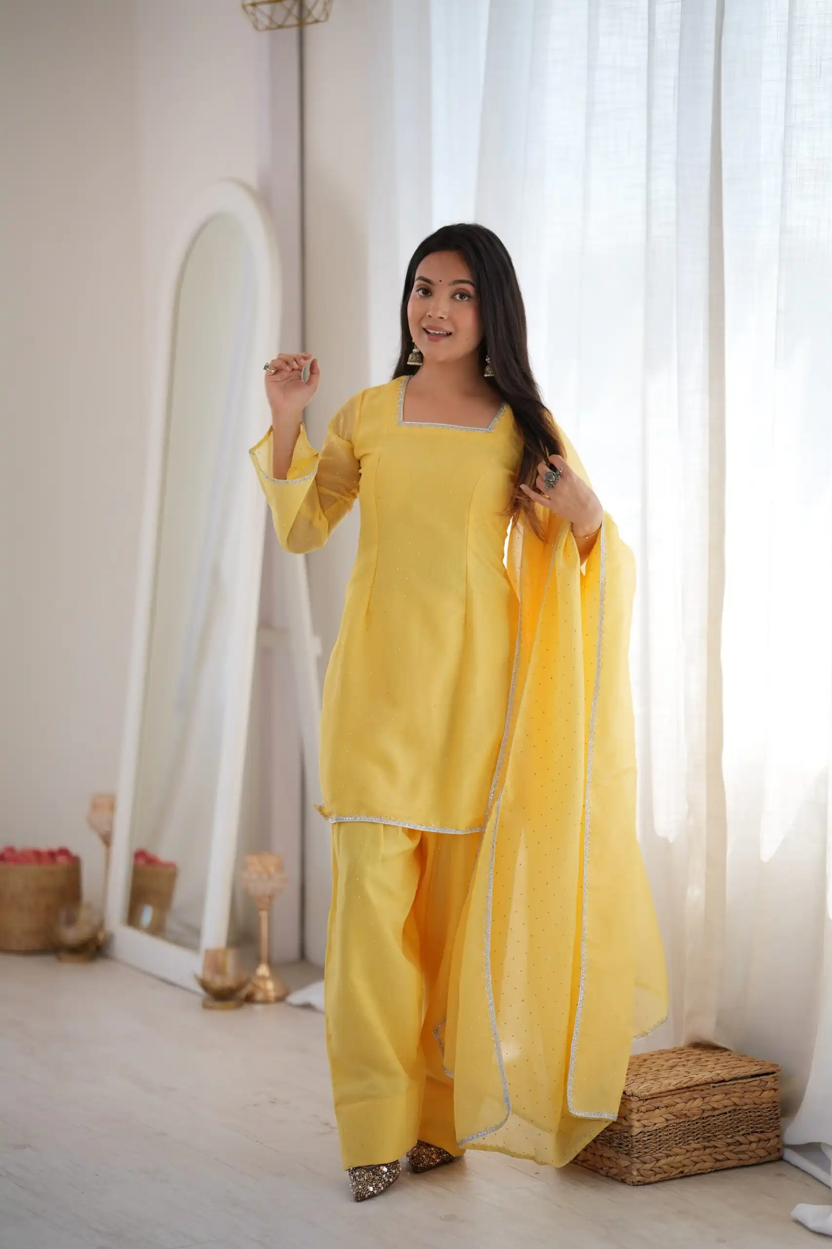 Fancy Yellow Crunchy Silk Siroski Work Salwar Suit - Image 4