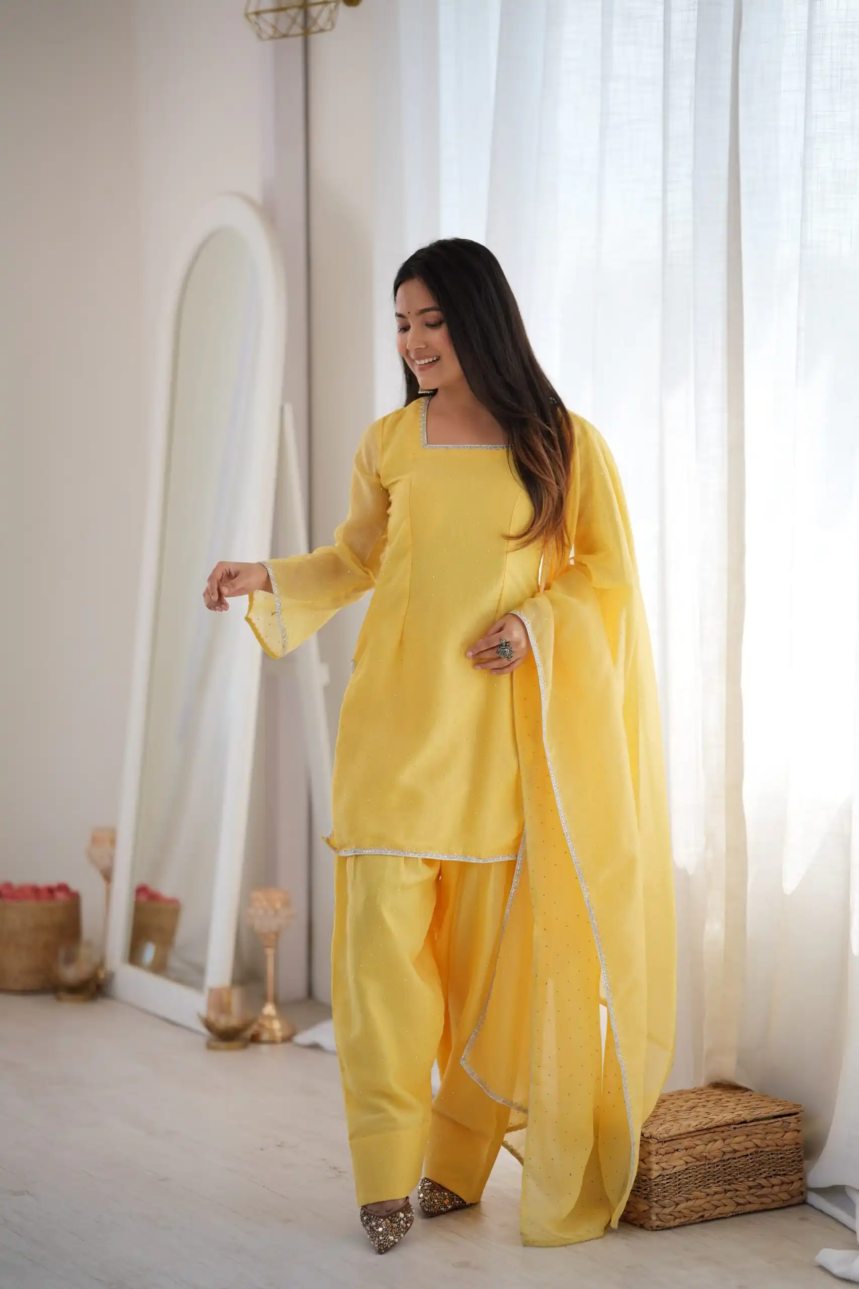 Fancy Yellow Crunchy Silk Siroski Work Salwar Suit - Image 2