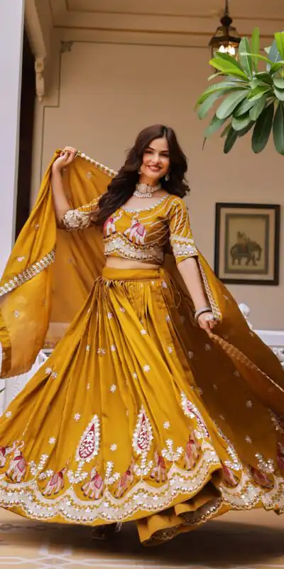 Alternative view of Fantastic Mustered Vichitra Sequence Work Lehenga Choli