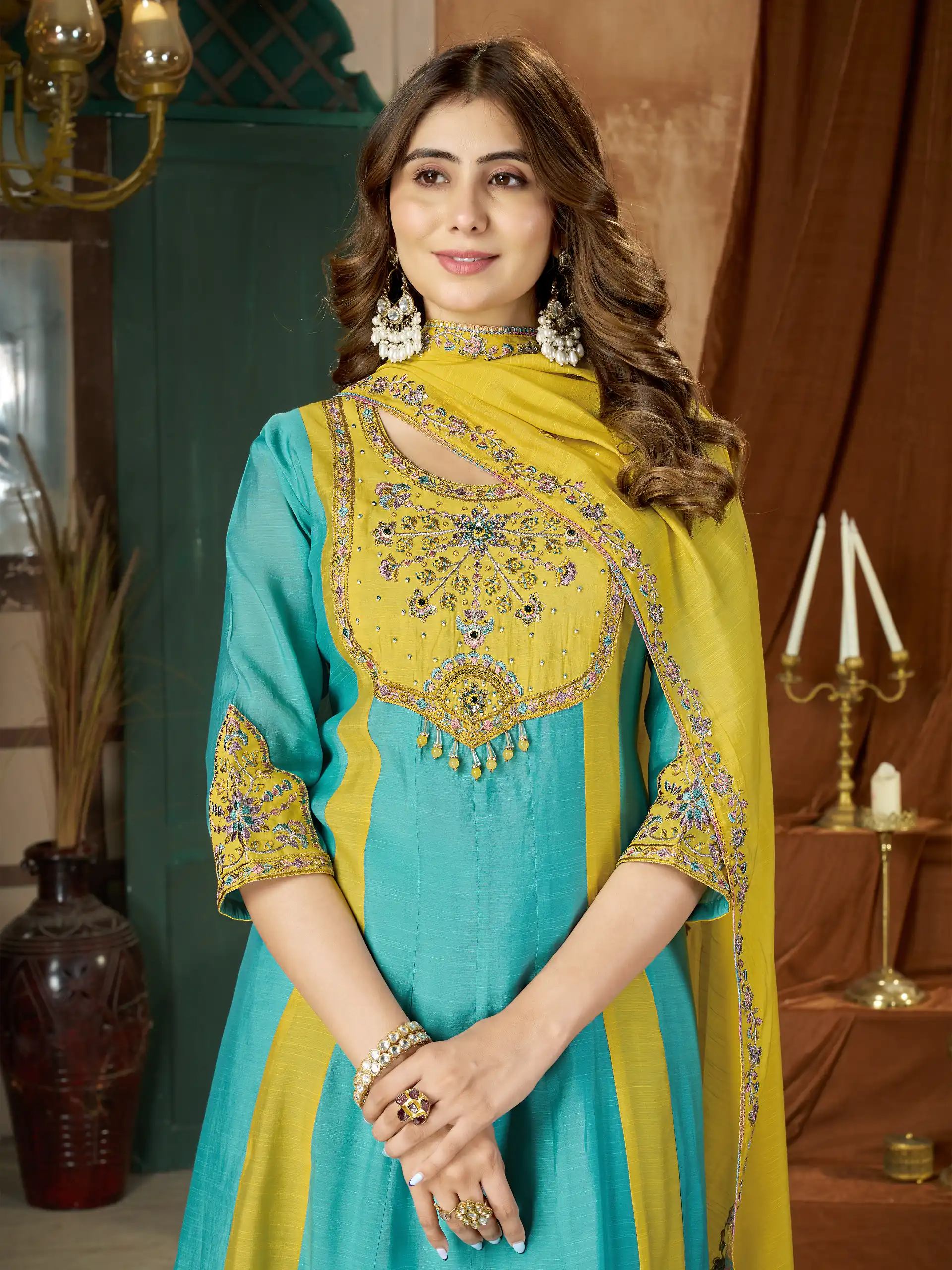 Glowing Blue Mal Chanderi Hand Work Salwar Suit - Image 2
