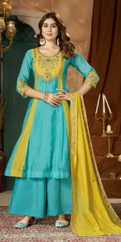 Glowing Blue Mal Chanderi Hand Work Salwar Suit