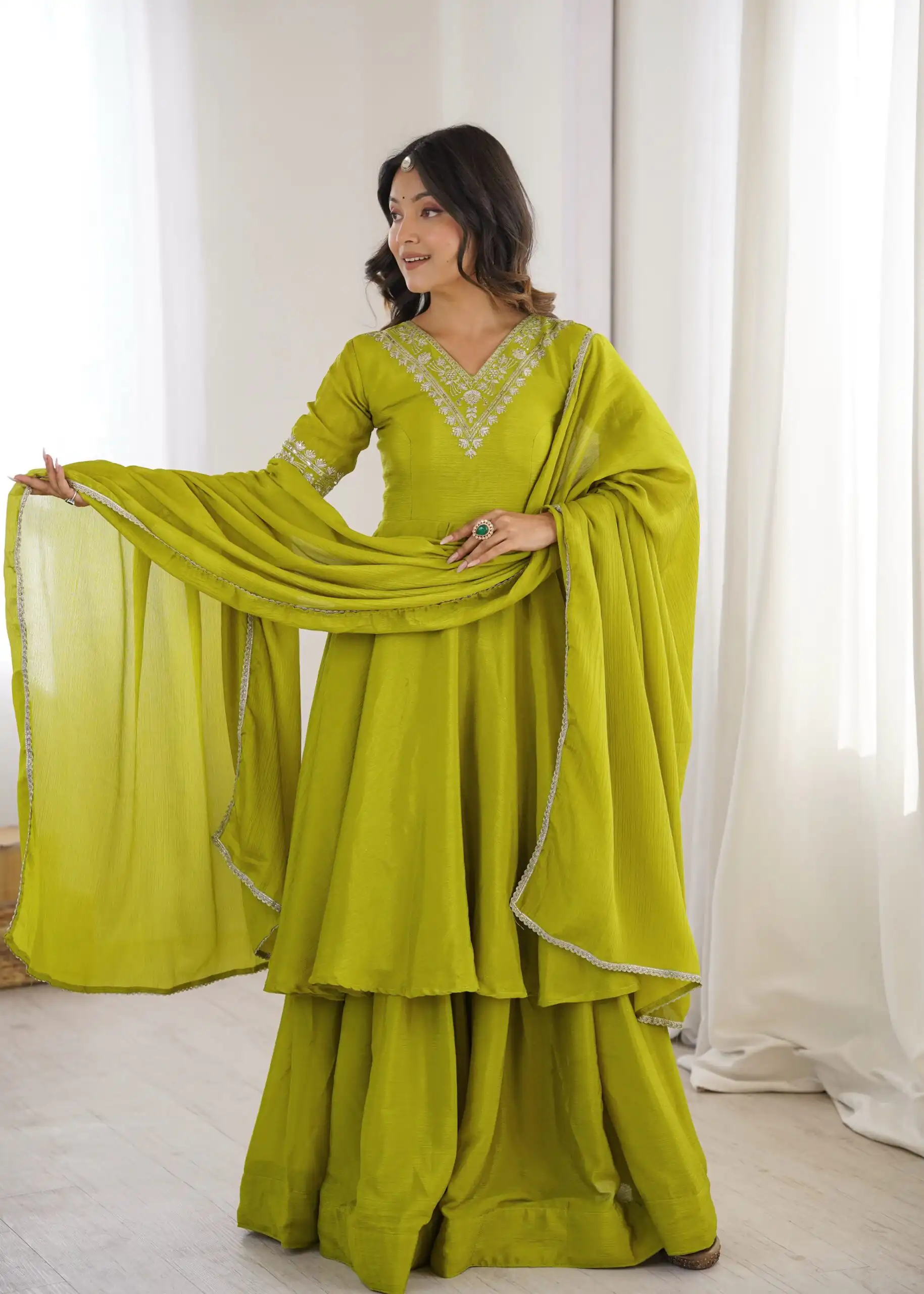Glowing Mehendi Chinon Silk Sequin Work Salwar Suit - Image 2