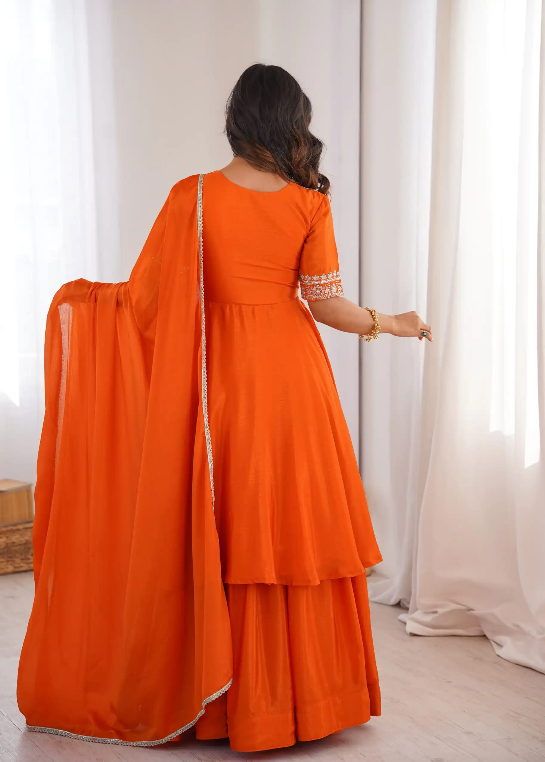 Glowing Orange Chinon Silk Sequin Work Salwar Suit - Image 7