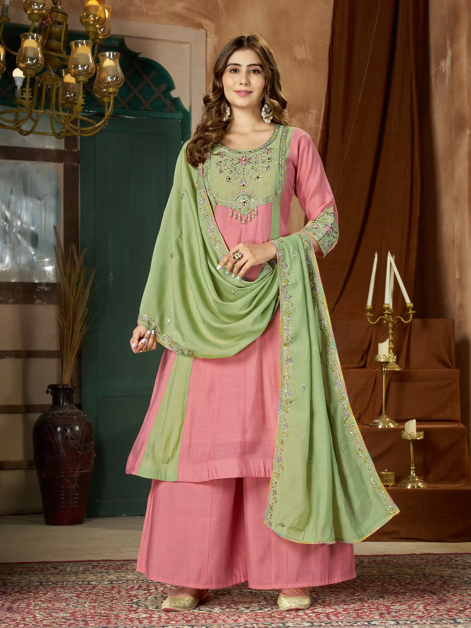 Glowing Peach Mal Chanderi Hand Work Salwar Suit