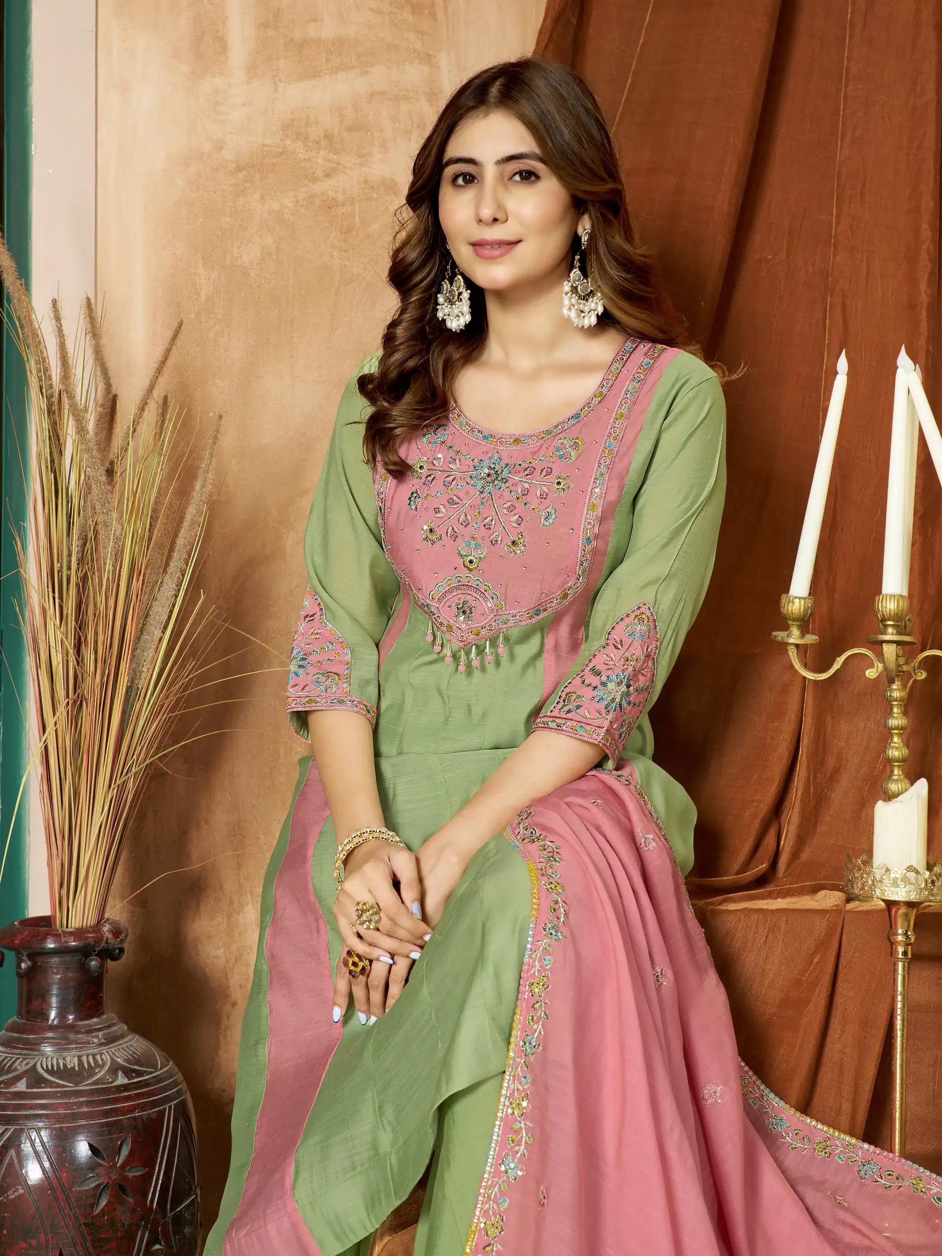 Glowing Pista Mal Chanderi Hand Work Salwar Suit - Image 2