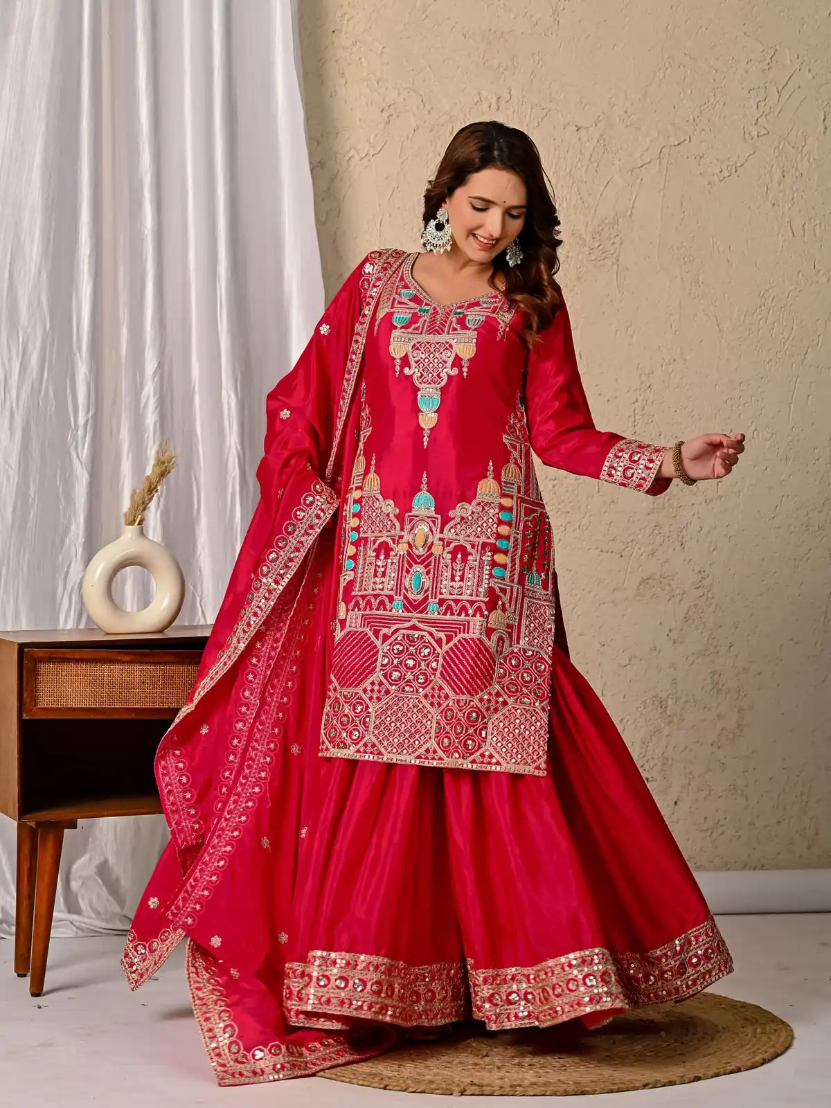 Glowing Red Chinon Silk Sequence Work Salwar Suit - Image 3