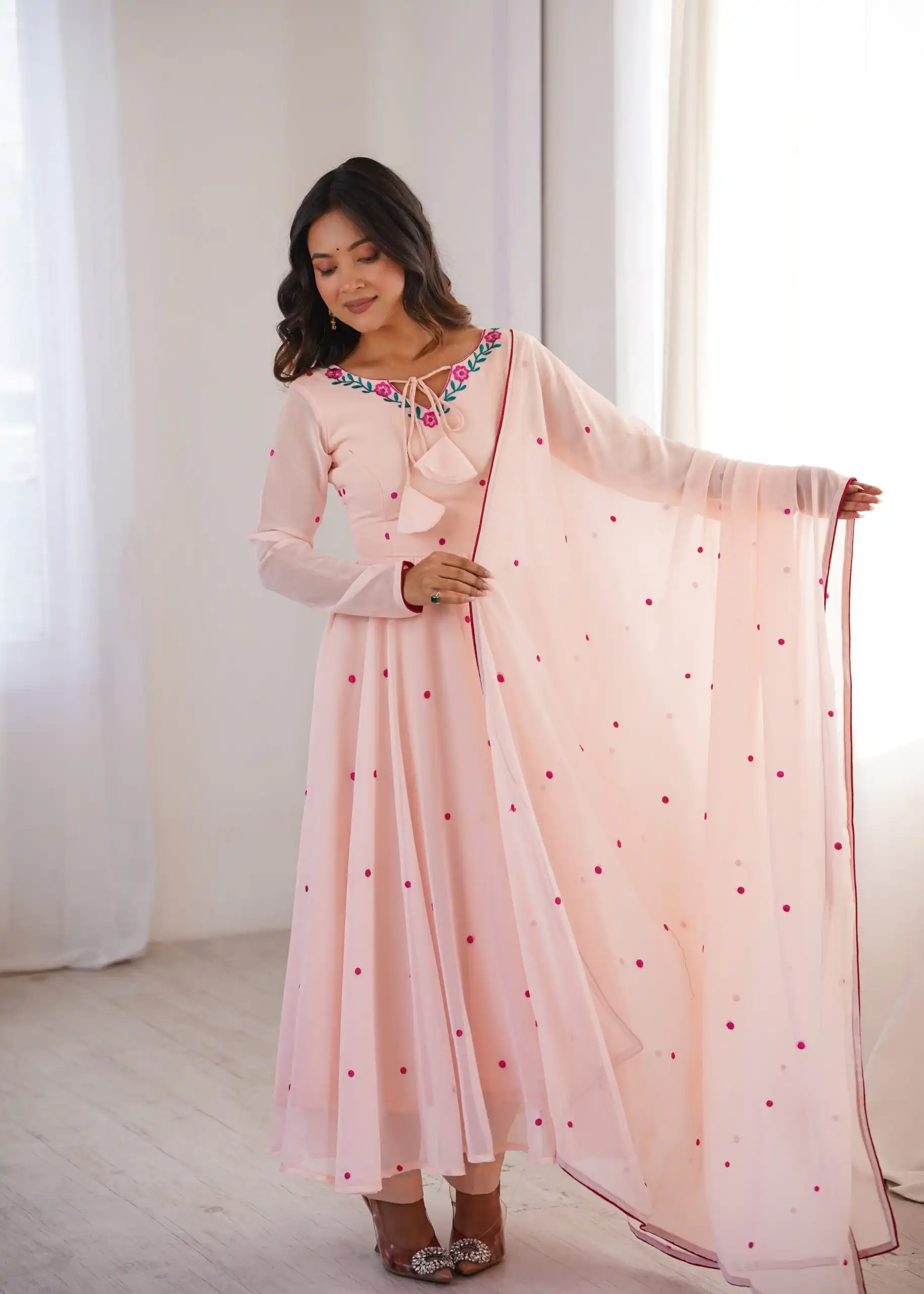 Gorgeous Pink Faux Georgette Embroidery Work Anarkali Suit