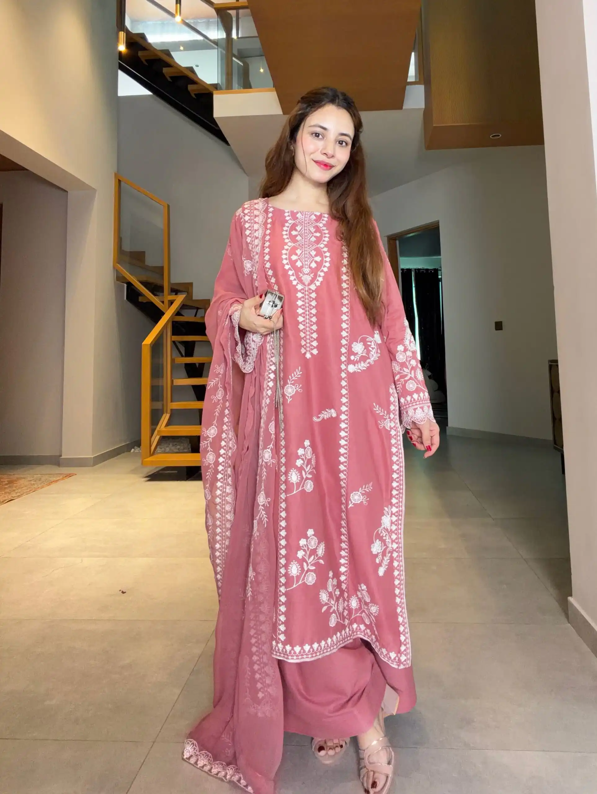 Graceful Peach Mul Chanderi Embroidery Work Salwar Suit