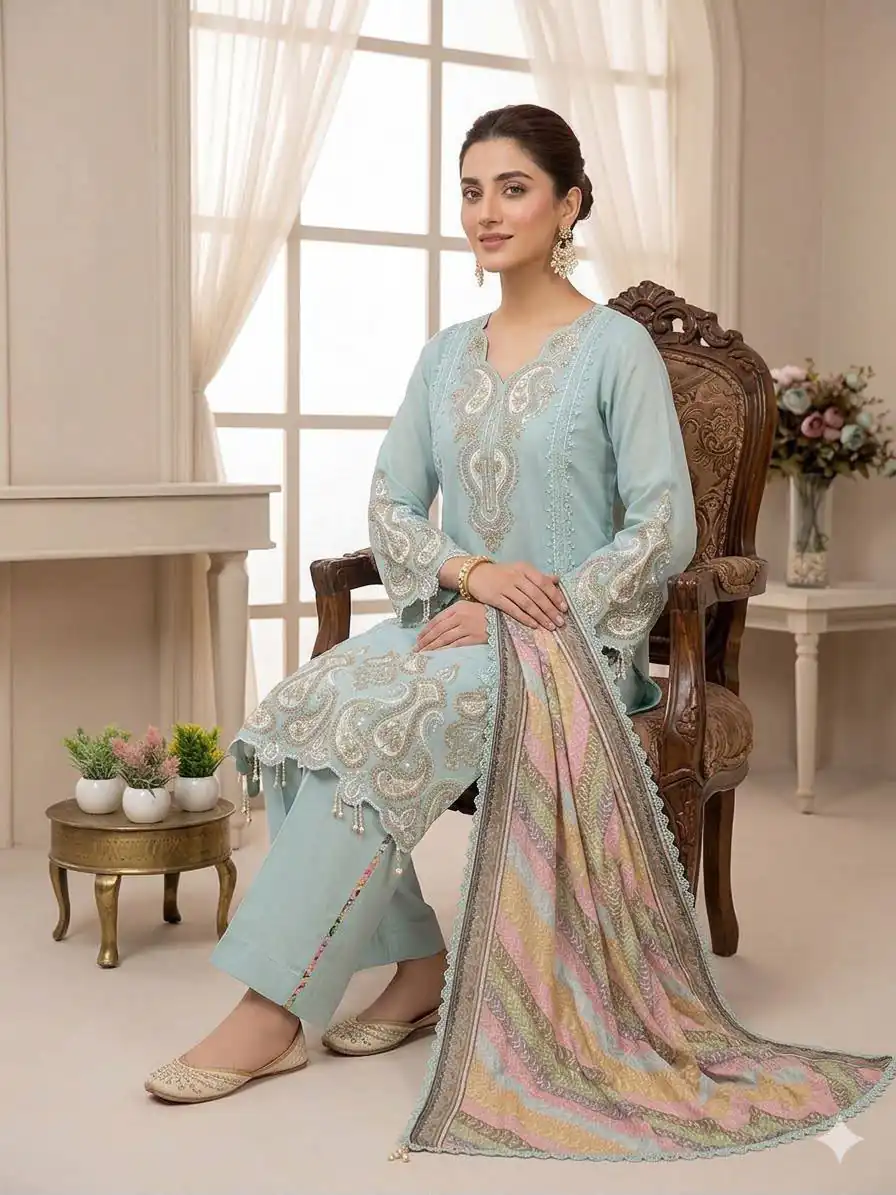 Grand Blue Star Georgette Embroidery Work Salwar Suit