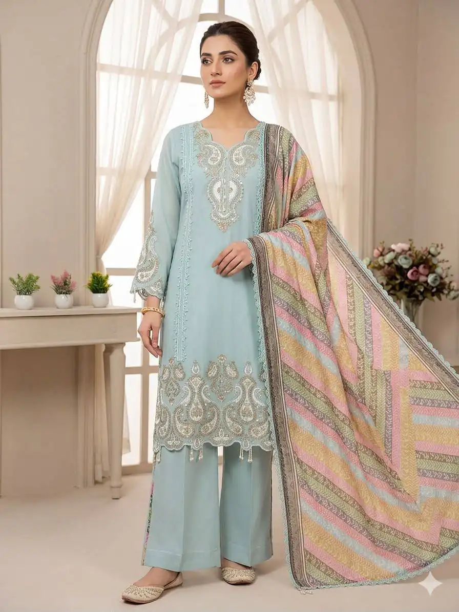 Grand Blue Star Georgette Embroidery Work Salwar Suit - Image 2