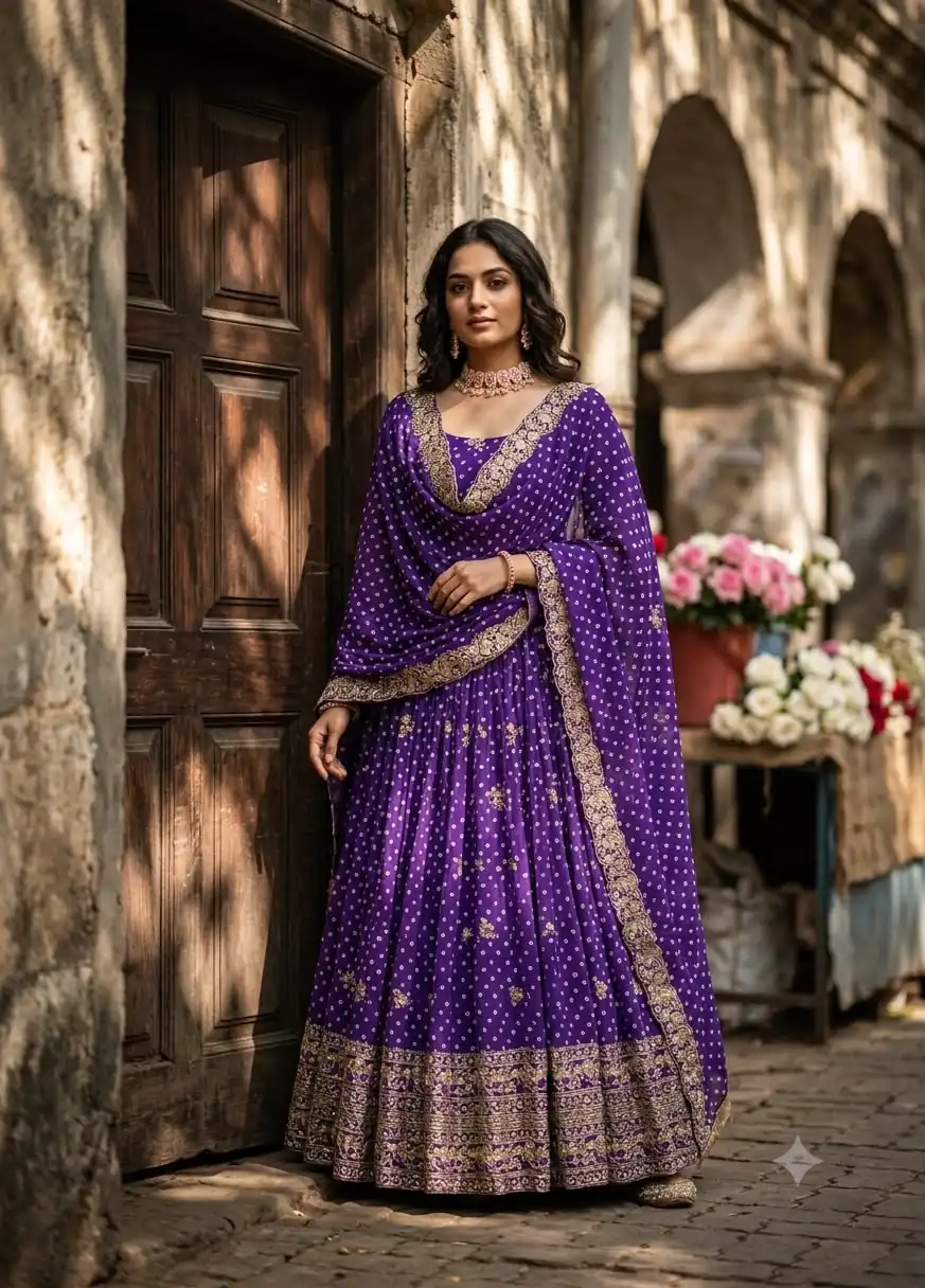 Great Purple Bandhani Print With Embroidery Work Gown