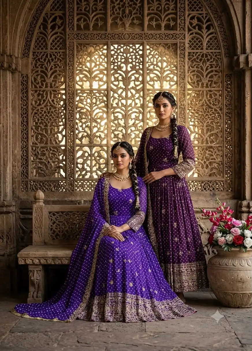 Great Wine Bandhani Print With Embroidery Work Gown - Image 4