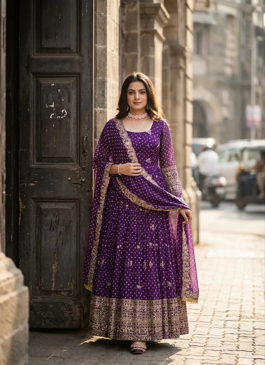Great Wine Bandhani Print With Embroidery Work Gown