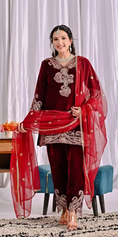 Lovely Maroon Viscose Velvet Embroider Work Salwar Suit