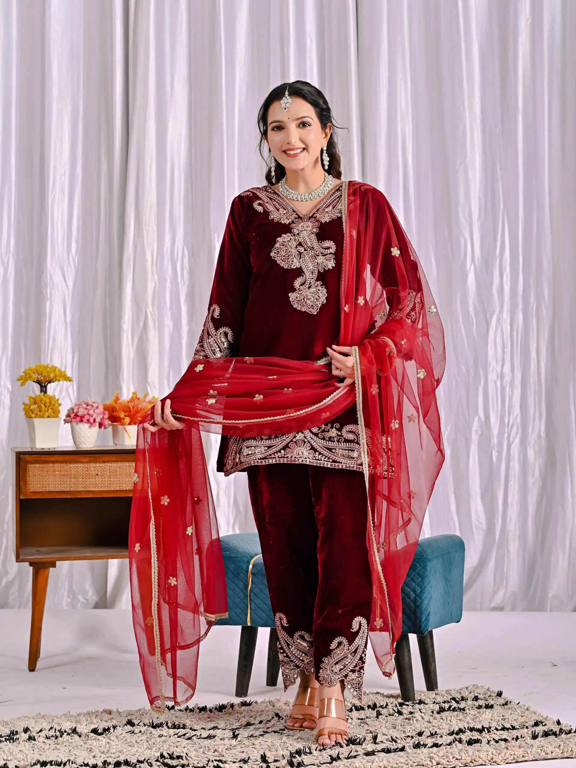 Lovely Maroon Viscose Velvet Embroider Work Salwar Suit