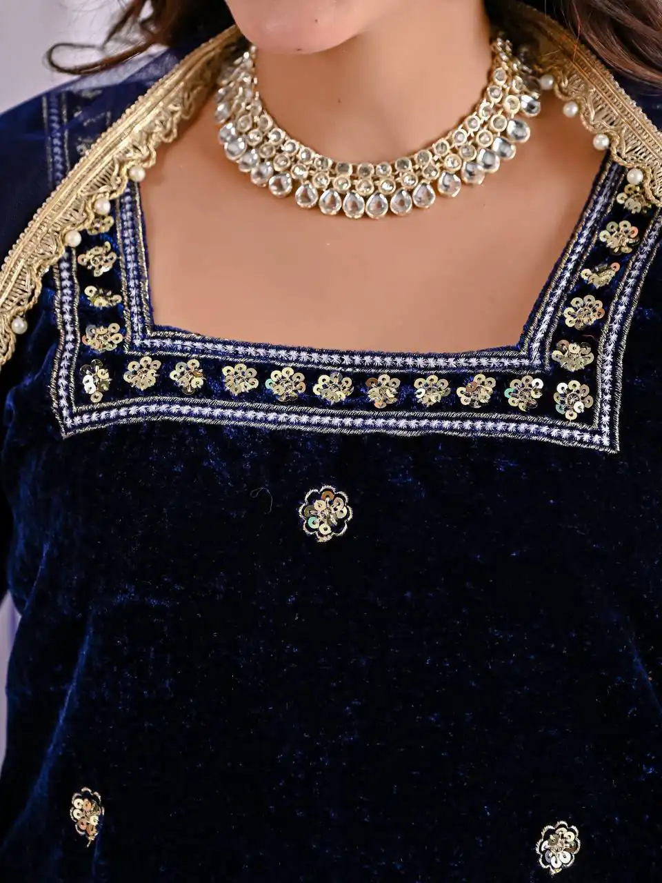 Lovely Navy Blue Viscose Velvet Embroider Work Salwar Suit - Image 6