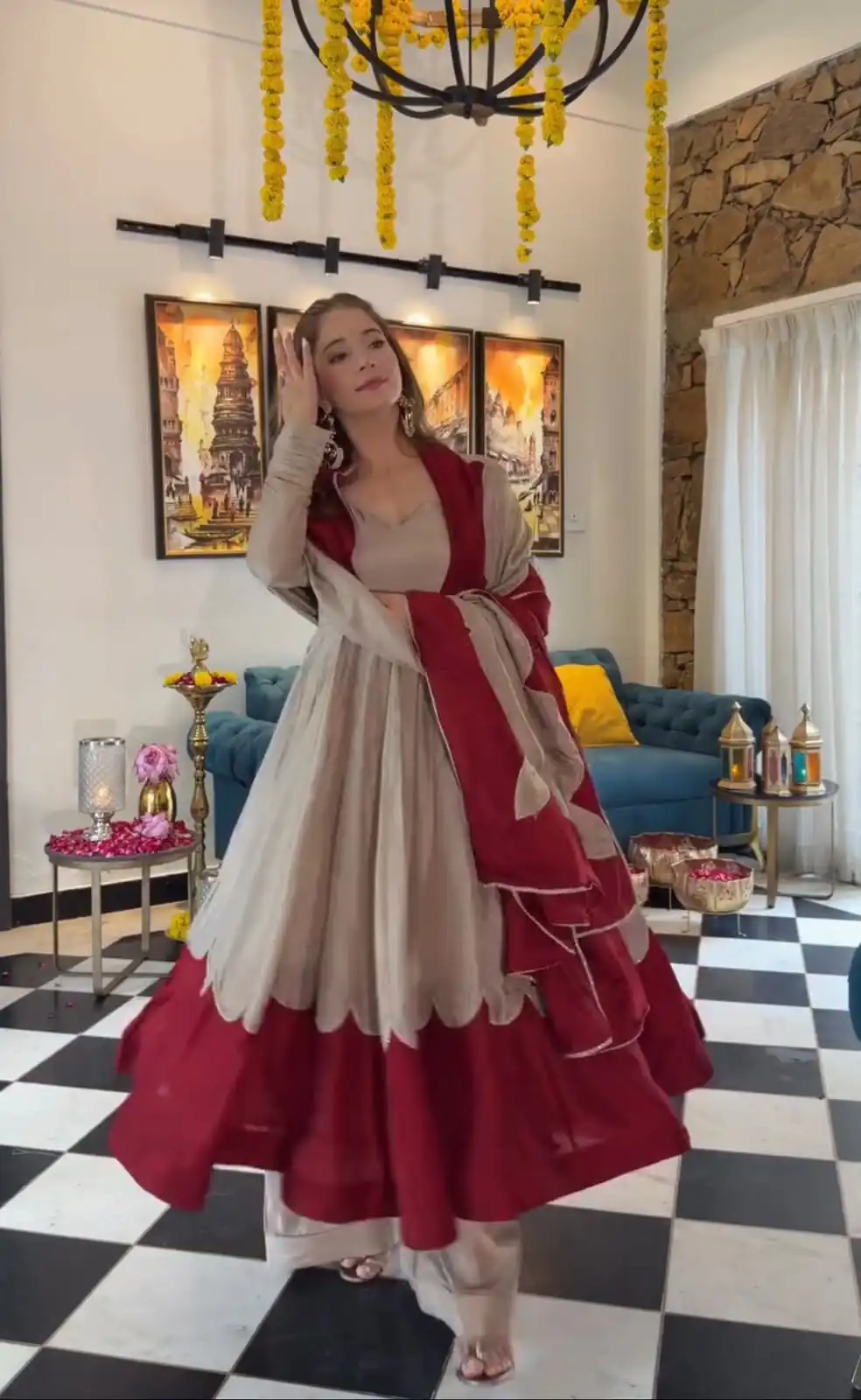 Lovely Off White Roman Silk Embroidery Work Gown - Image 8