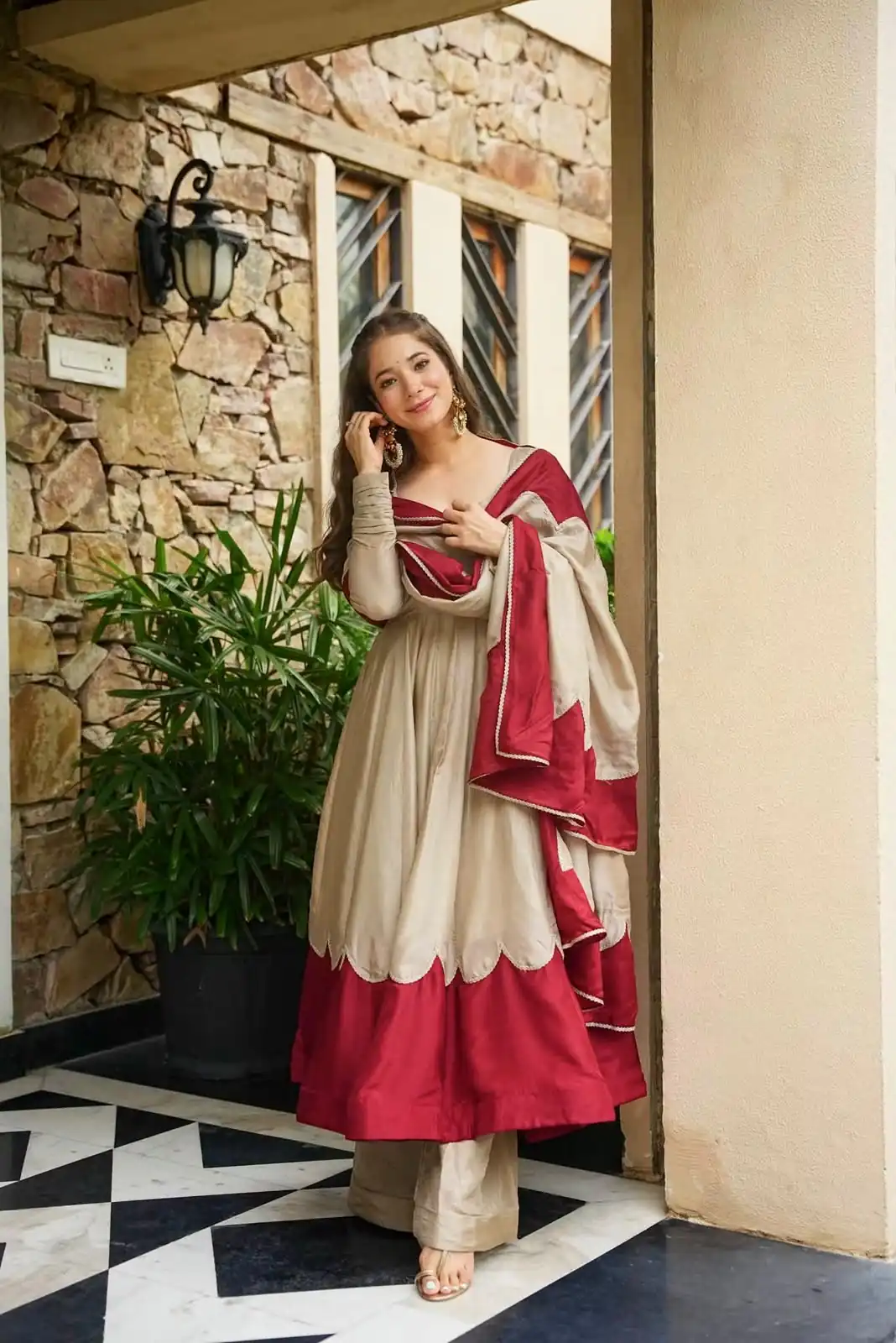 Lovely Off White Roman Silk Embroidery Work Gown - Image 3