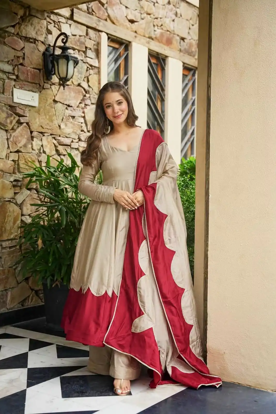 Lovely Off White Roman Silk Embroidery Work Gown - Image 2