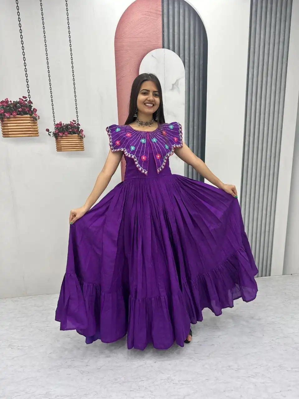 Lovely Purple Roman Thread Khatli Work Gown - Image 6