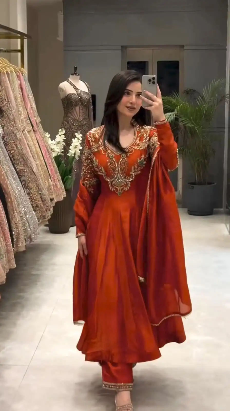 Lovely Rust Roman Silk Beads Embroidery Work Gown - Image 7