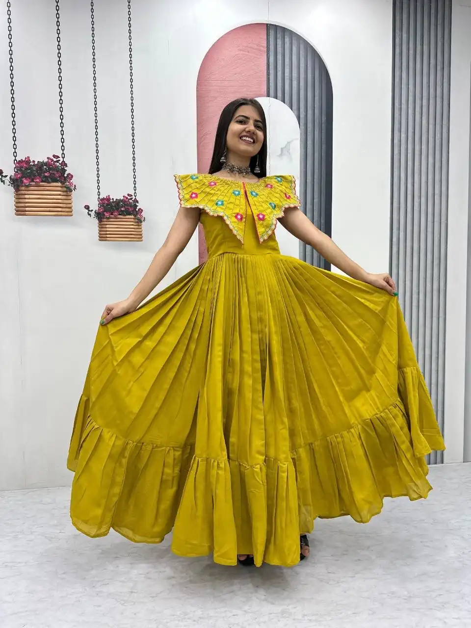 Lovely Yellow Roman Thread Khatli Work Gown - Image 3