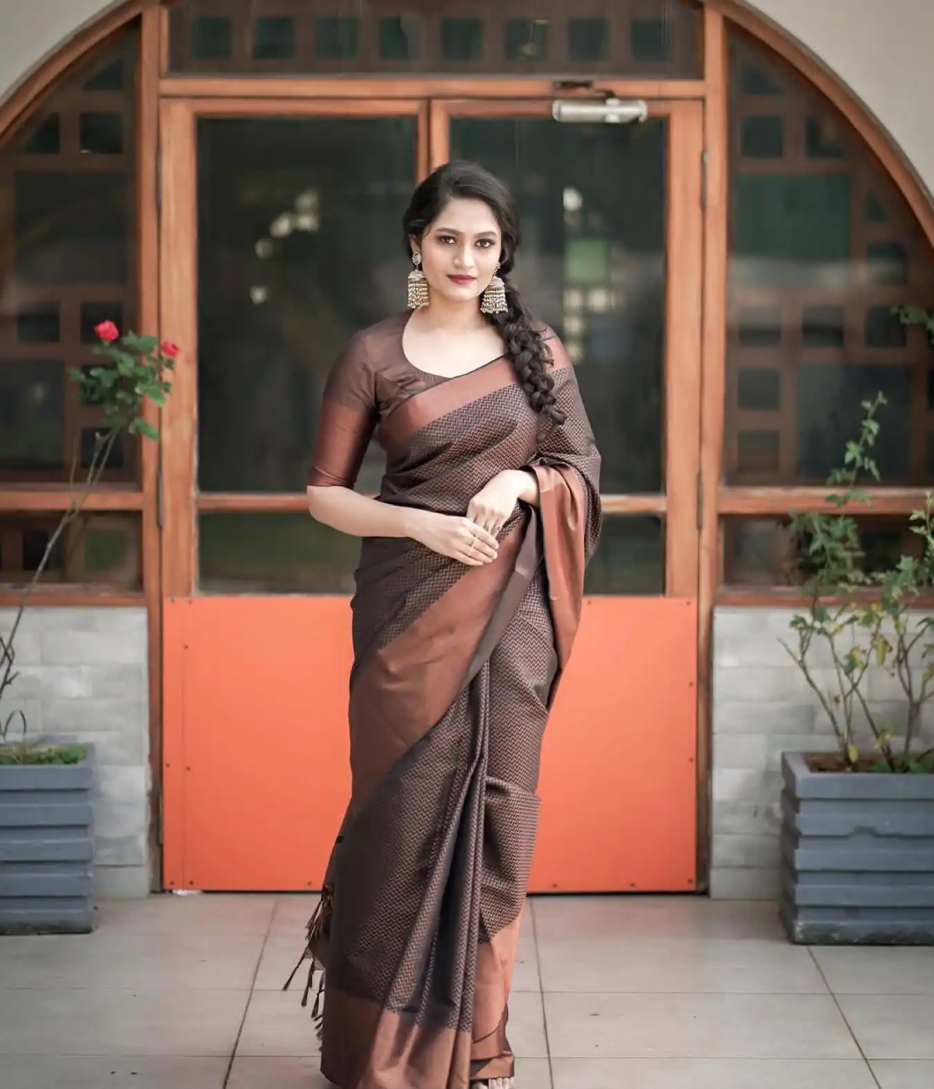 Magical Brown Soft Lichi Jacquard Work Saree