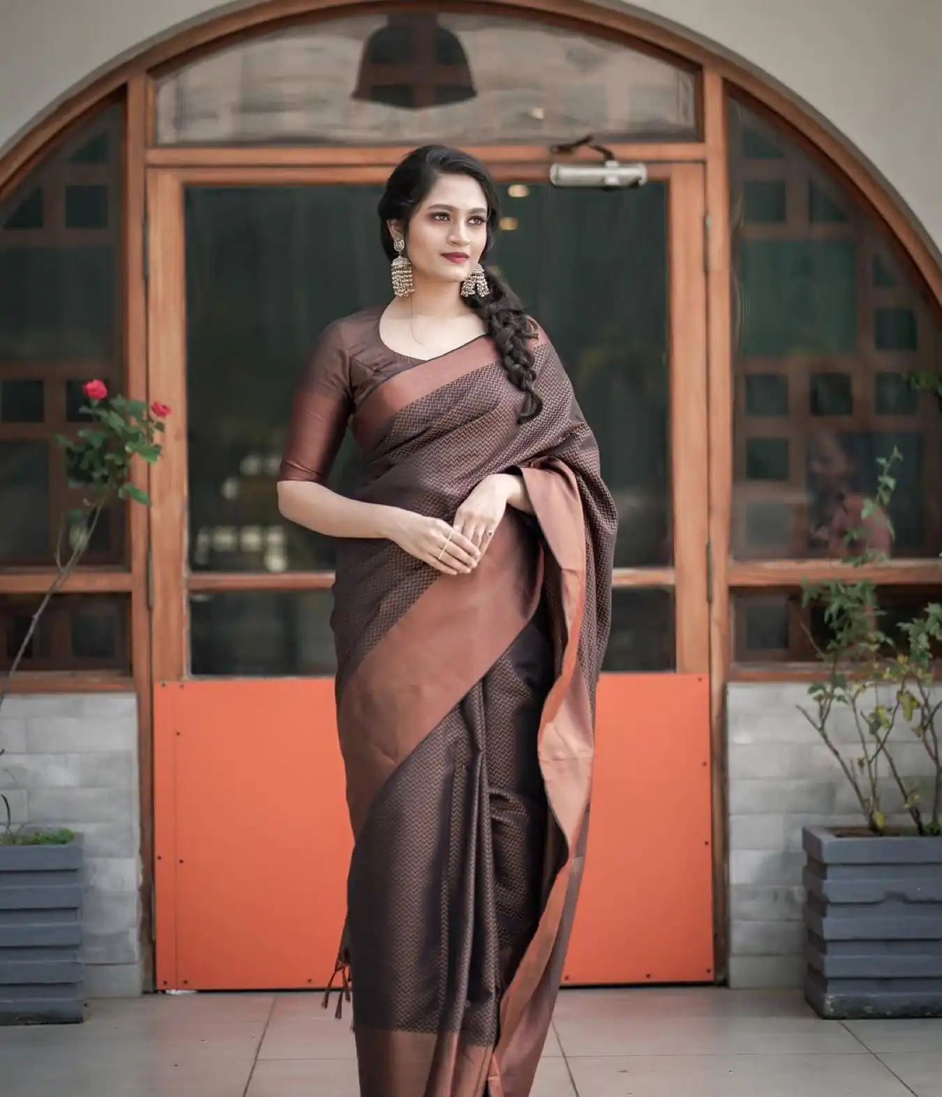 Magical Brown Soft Lichi Jacquard Work Saree - Image 10