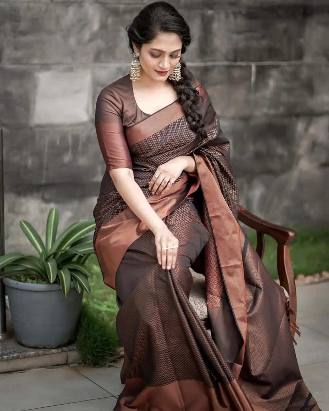 Magical Brown Soft Lichi Jacquard Work Saree - Image 6